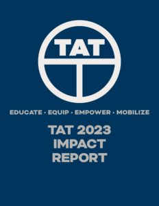 Navy blue background with TAT's new logo in white. Four pillars Educate, Equip, Empower and Mobilize. TAT 2023 Impact Report